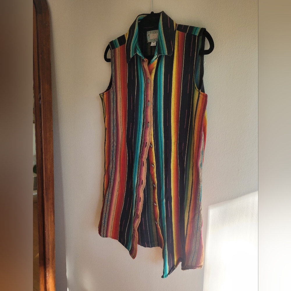 Silverado Western Serape Stripe Button Sleeveless Pocket Shirt Dress - Size M